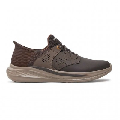 SKECHERS ROUND TOE LEATHER BUNGEE SLIP-LNS 210890 CHOC ΚΑΦΕ